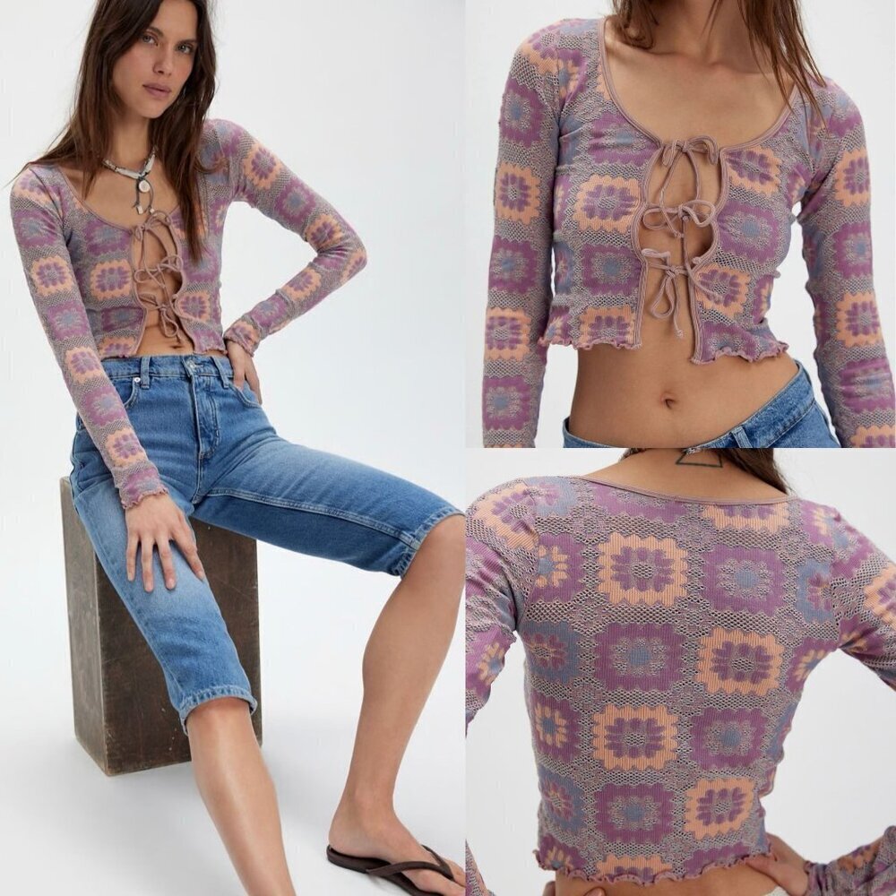 New! Free People Purple Free For All Long Sleeve Cardi Top Size M/L 2458